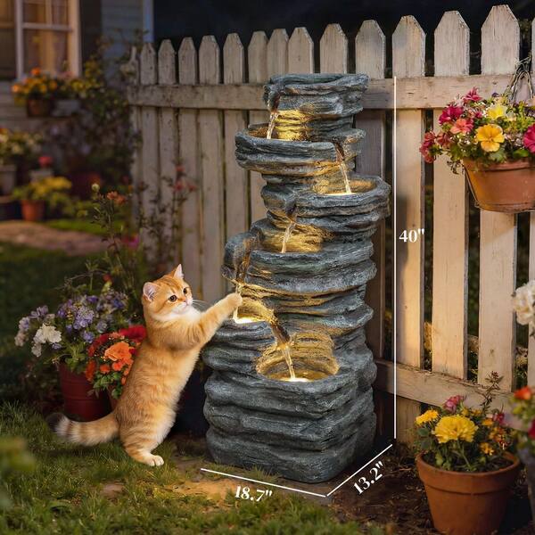 Outsunny 40 in. Resin Electric Six-Tier Rock Fountain with LED
