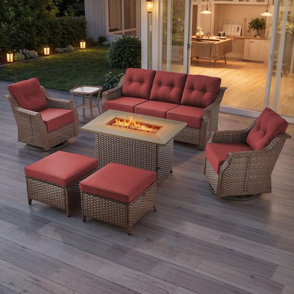 Artisan Brown 7-Piece Wicker Outdoor Patio Fire Pit Conversation Set with Red Cushions and Swivel Gliders