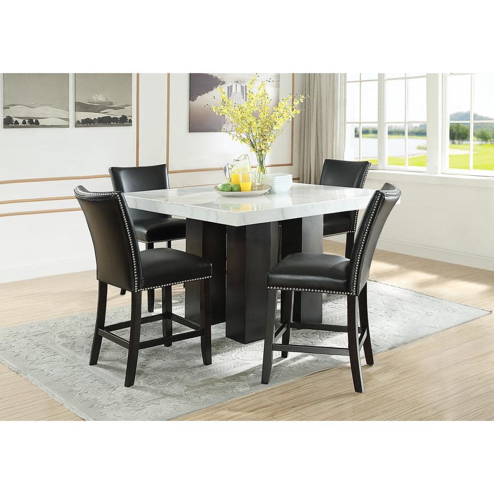 Camila White Marble 54 in. Square Counter Height Dining Set with 4-Black Upholstered Side Chair -  Steve Silver, CM540-C5PC-K