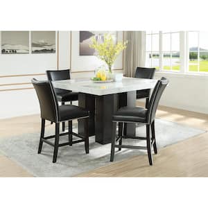 Camila White Marble 54 in. Square Counter Height Dining Set with 4-Black Upholstered Side Chair