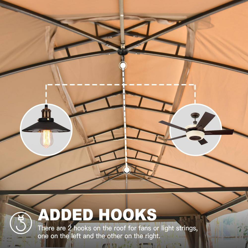 10x20ft Brown Steel Patio Gazebo with Mosquito Net and Curtains
