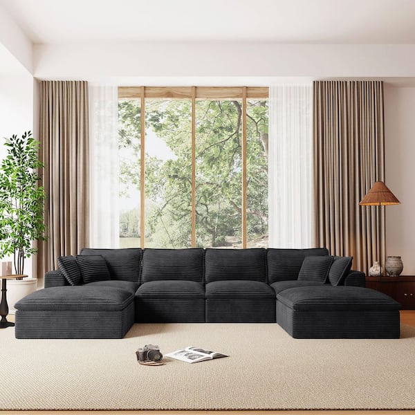 142 in. W Fully Compressed U-Shaped Corduroy Modular Sectional Sofa in. Black with Ottomans and No Assembly