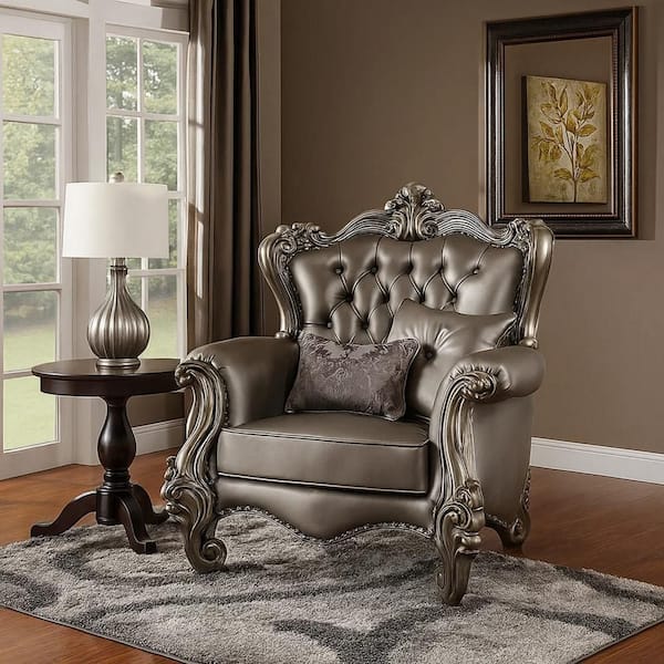 Gray Faux leather Arm chair with Scrolled Legs