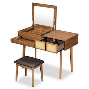 2-Piece Brown Makeup Vanity Set with Dressing Table and Upholstered Stool Vanity Table with Flip Top Mirror and Drawers
