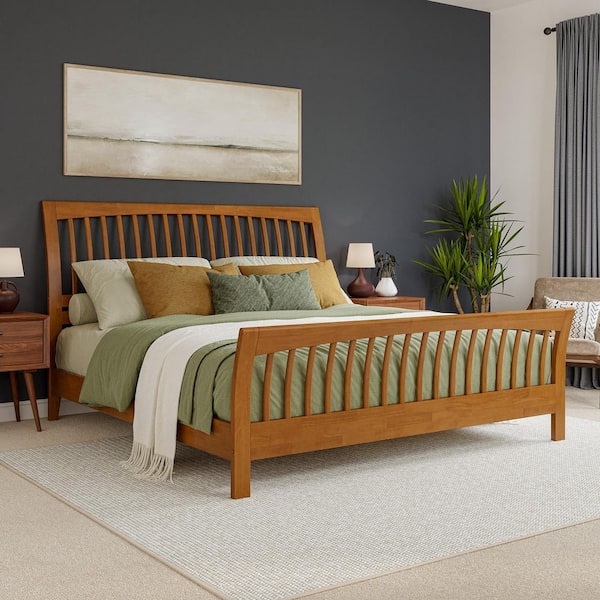 Orleans Light Toffee Natural Bronze Solid Wood Frame King Low Profile Sleigh Platform Bed with Matching Footboard