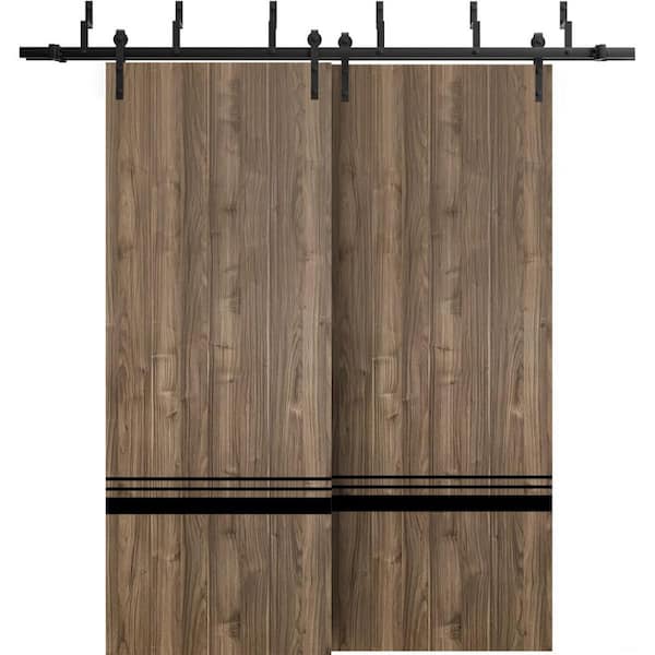 Sartodoors 60 in. x 80 in. 2 Panel Walnut Solid Wood with Honeycomb Sliding Barn Door with Hardware Kit