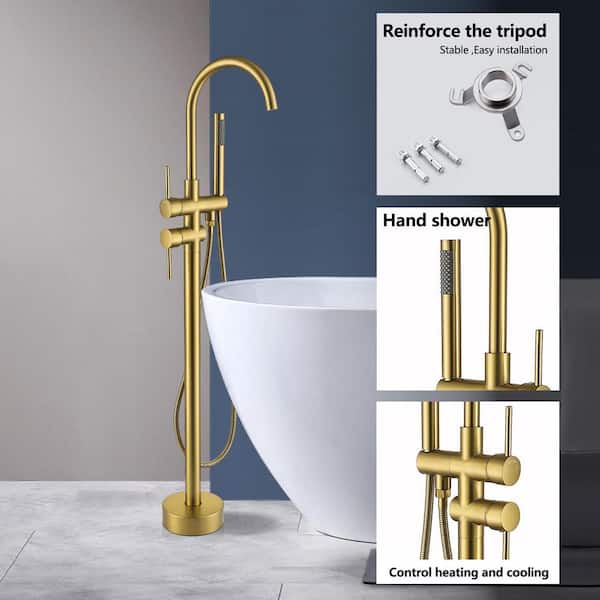 45-5/8 in. 2-Handle Residential Freestanding Tub Faucet with Hand Shower in Brushed Brass