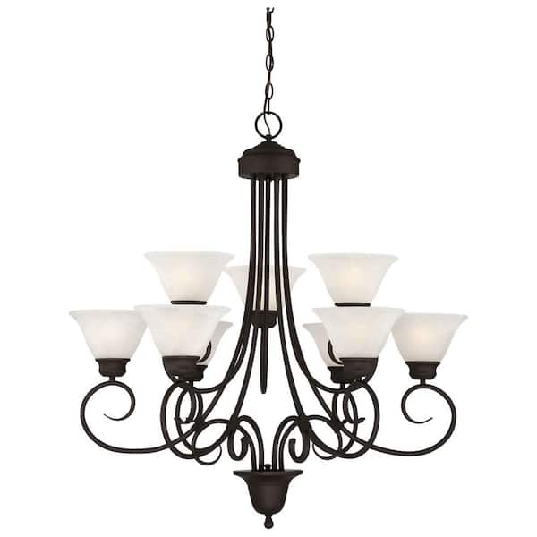 Troy 9-Light Antique Bronze Interior Chandelier with Alabaster Glass Bell Shades