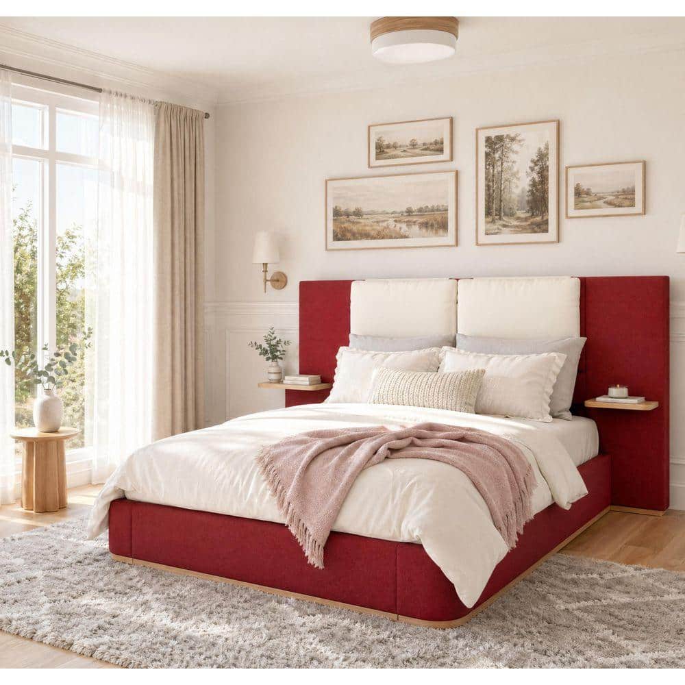 Qualler Red Wood Frame Queen Size Upholstered Platform Bed with