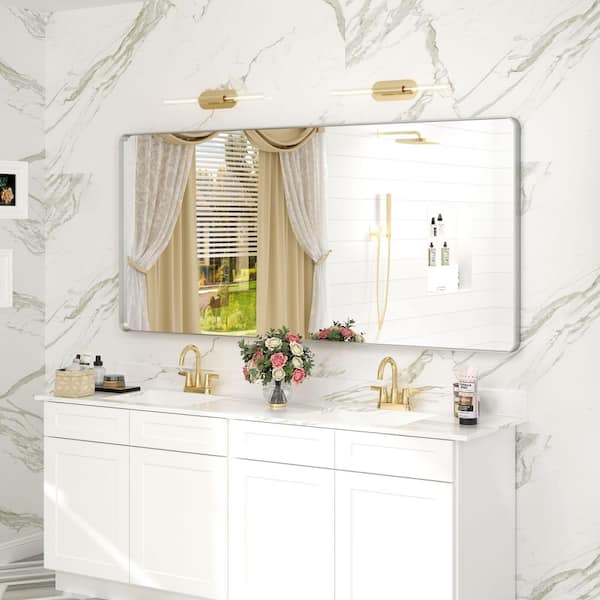 60 in. W x 28 in. H Rectangular Aluminum Alloy Framed and Tempered Glass Wall Bathroom Vanity Mirror in Brushed Silver