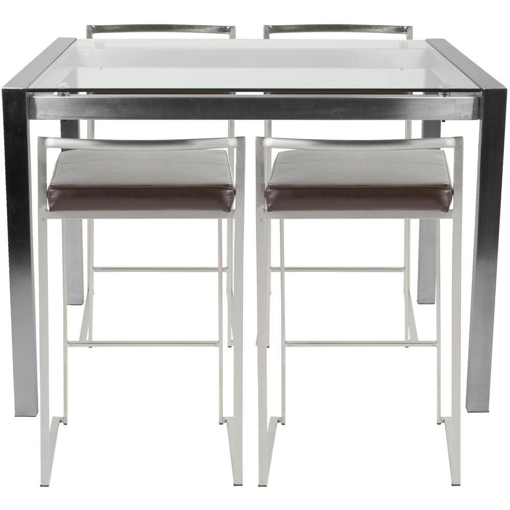Sleek Fuji 5-Piece Counter Height Dining Set in Chrome and Brown
