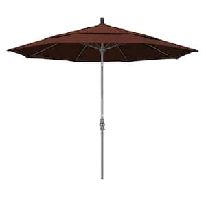 11 ft. Hammertone Grey Aluminum Market Patio Umbrella with Collar Tilt Crank Lift in Bay Brown Sunbrella