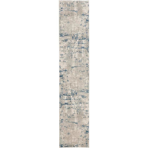 Nourison Concerto Ivory Grey Blue 2 ft. x 20 ft. Abstract Contemporary Runner Area Rug