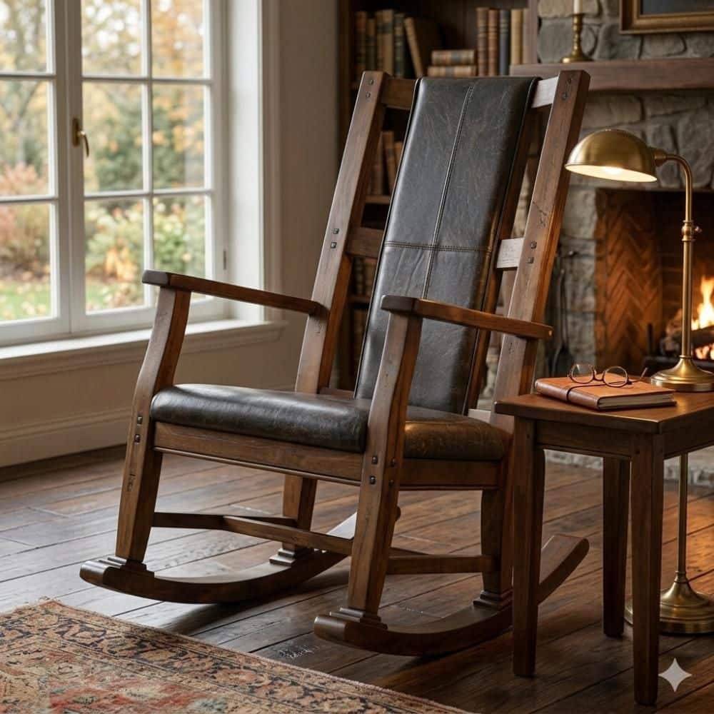 Jenne Antique Brown and Gray Mahogany Wood Rocking Chair Arm Chair with Faux Leather Seat