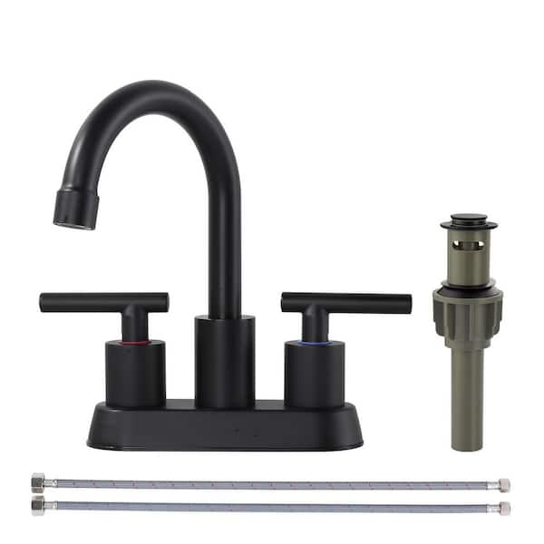 Modern 4 in. Centerset Double Handle High Arc Bathroom Sink Faucet with Pop-Up Drain in Matte Black