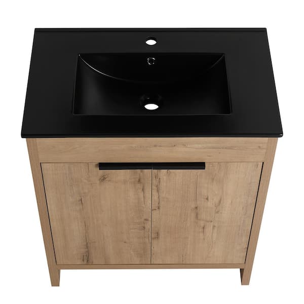 Boosicavelly 29.13 in. W x 17.91 in. D x 33.46 in. H Single Sink Freestanding Bath Vanity in Imitative Oak with Black Ceramic Top