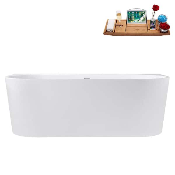 Streamline 67 in. x 32 in. Acrylic Freestanding Soaking Bathtub in Glossy White with Matte Oil Rubbed Bronze Drain, Bamboo Tray
