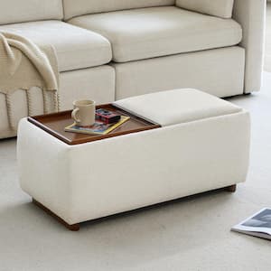 Calista White Linen Tray Top Storage Ottoman with for Living Room and Bed Room