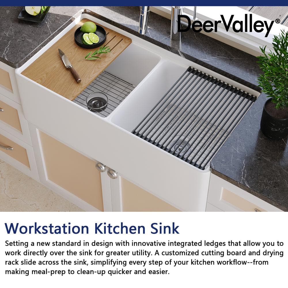 33" White Fireclay Double Bowl Farmhouse Workstation Sink