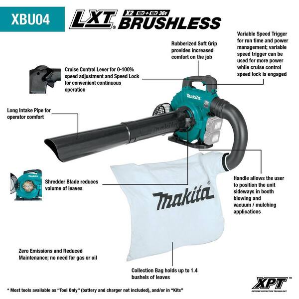 Makita 18V X2 36V LXT Lithium-Ion Brushless Cordless Blower Kit with Vacuum Attachment Kit, XBU04PTV