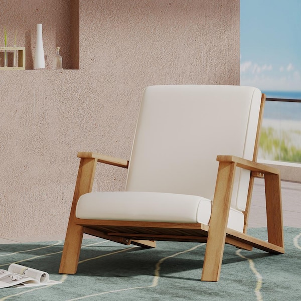 Wood Outdoor Lounge Chair with Beige Cushion Club Chair