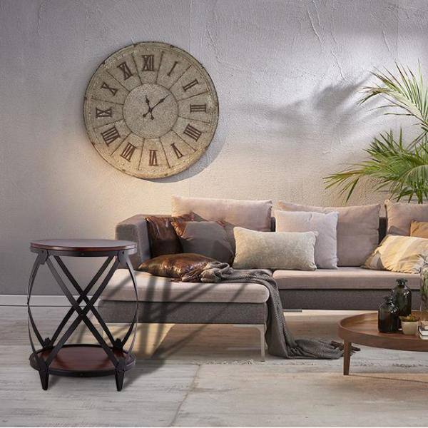 Flared Chestnut & Black Metal Drum End Table with Shelf