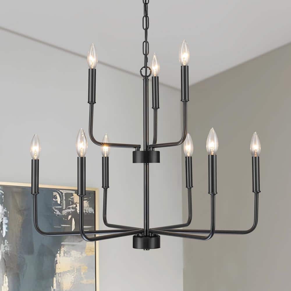 9 Lights Industrial Matte Black 2-Tier Height Adjustable Candle Chandelier