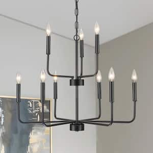 9 Lights Industrial Matte Black 2-Tier Height Adjustable Candle Chandelier