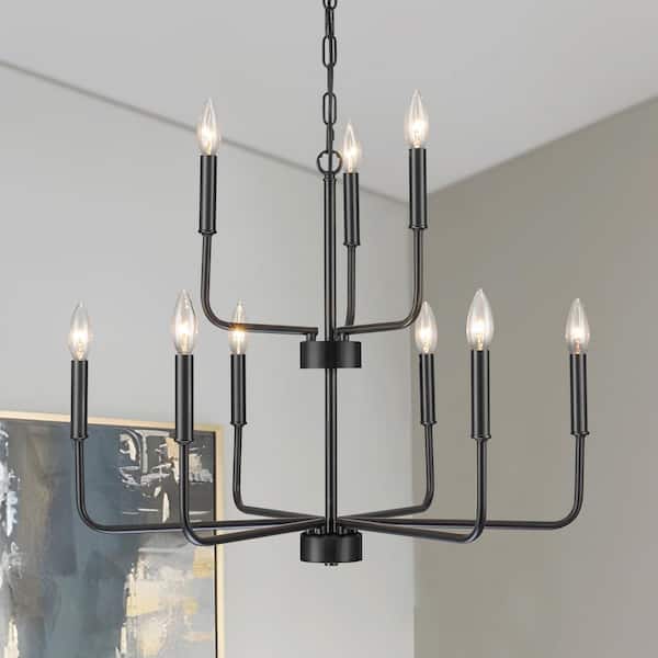 GoYeel 9 Lights Industrial Matte Black 2-Tier Height Adjustable Candle Chandelier