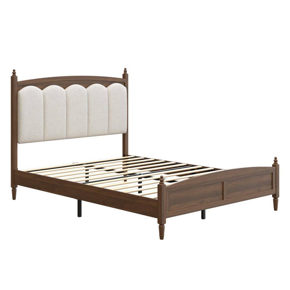 Mid-Century Style Bed Frame Brown Frame King Size Platform Bed with Upholstered Headboard