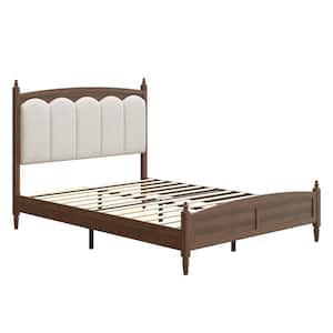 Mid-Century Style Bed Frame Brown Frame Queen Size Platform Bed with Upholstered Headboard