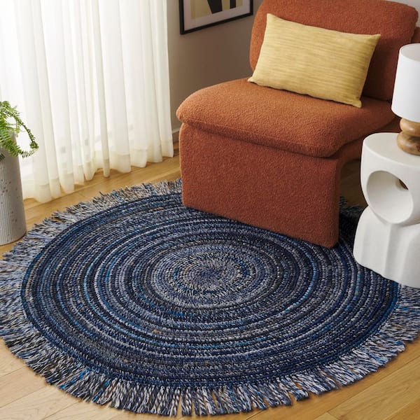 Renewal 4 ft. x 4 ft. Navy/Beige Woven Fringe Round Area Rug