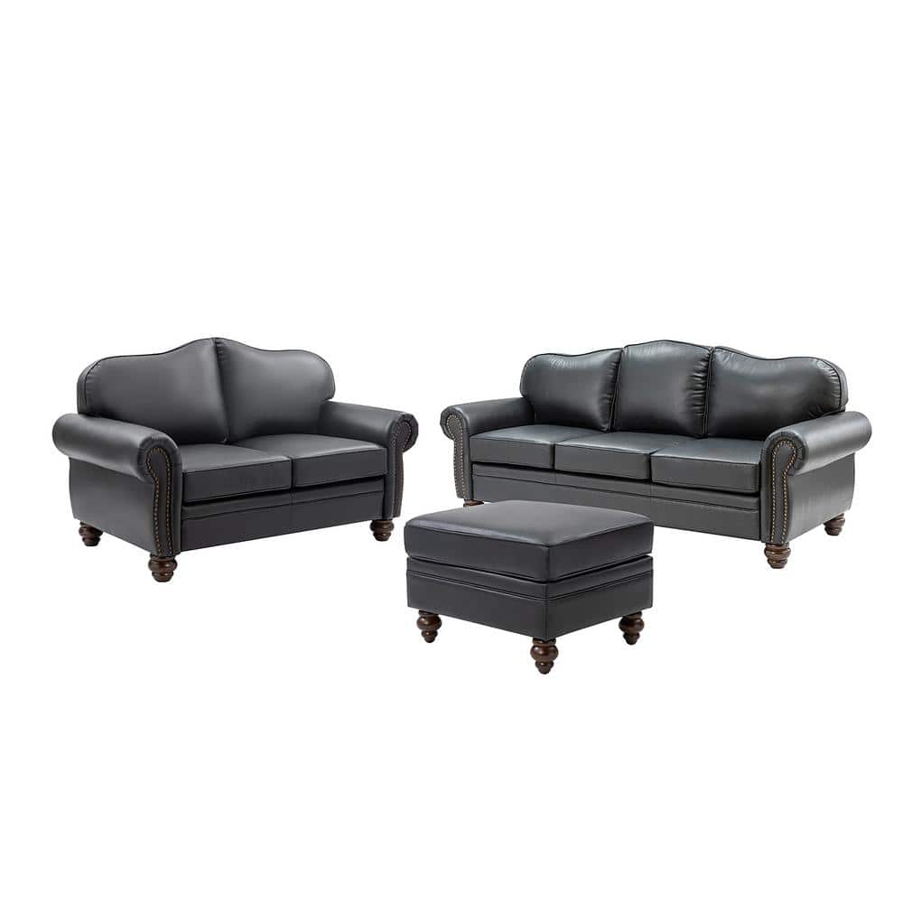 Sara 5-Piece Black Genuine Leather Living Room Set with Nailhead Trims