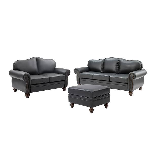Sara 5-Piece Black Genuine Leather Living Room Set with Nailhead Trims