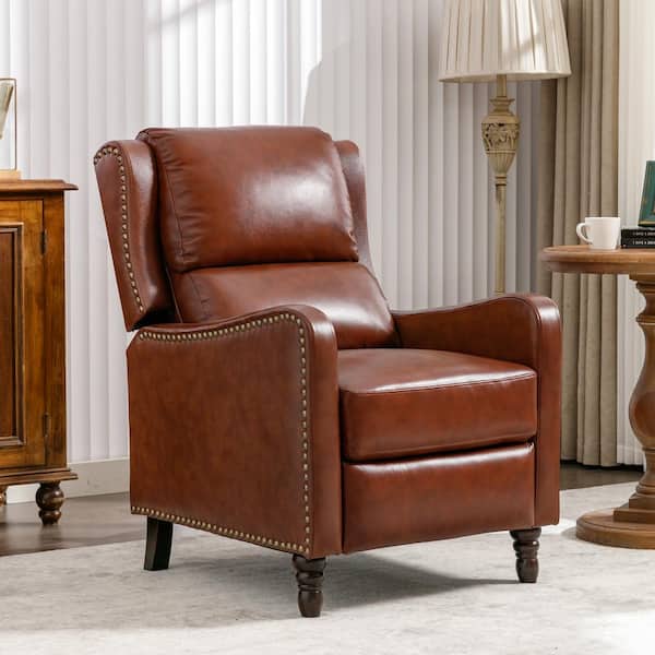 LUE BONA 26 in. W Red Brown Genuine Leather Recliner Chair Arm Chair with Nailhead Trim