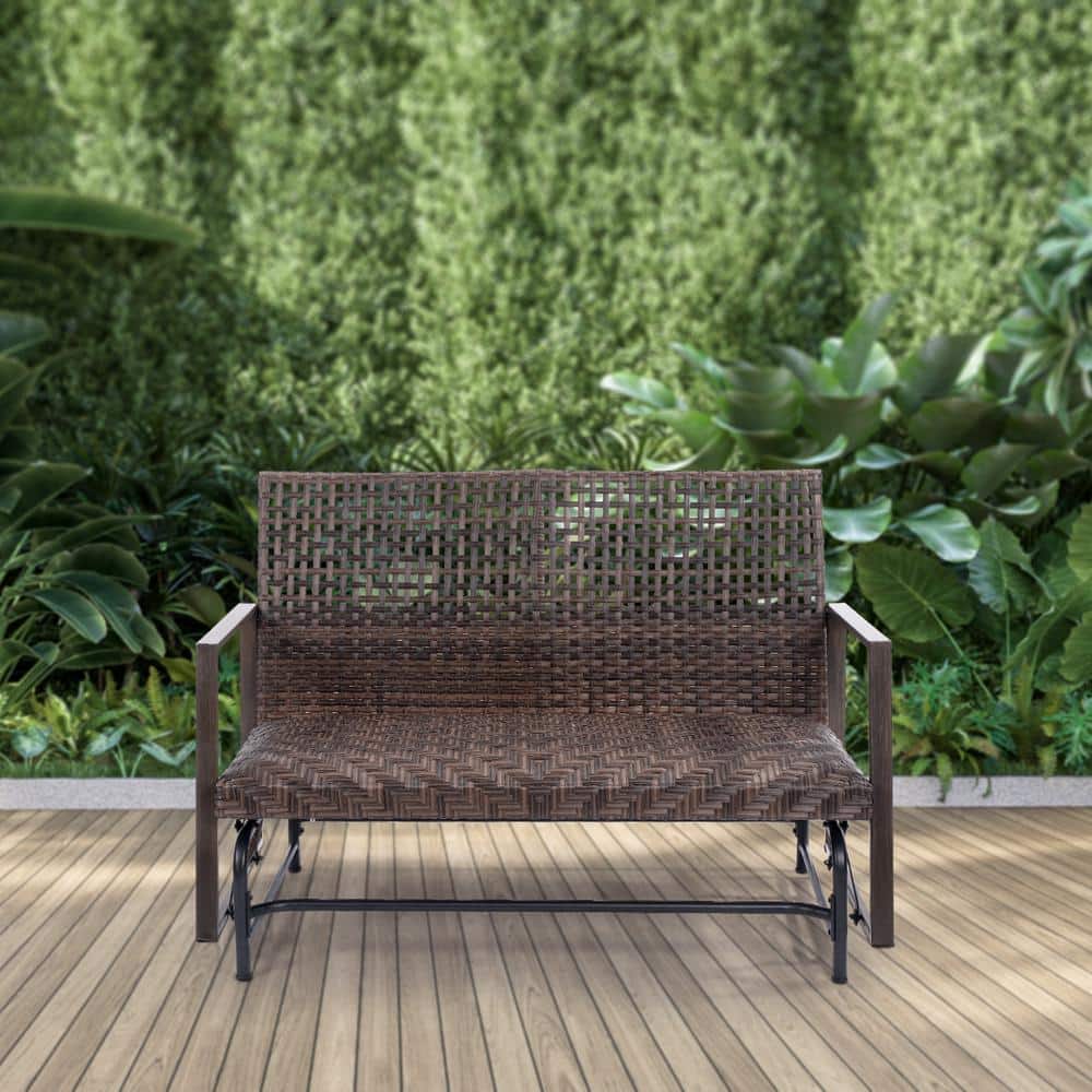 Brown Wicker 2-Person Outdoor Glider with Powder-Coated Frame
