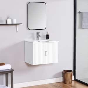 24 in. W Floating Wall Mounted Bath Vanity in White with White Ceramic Top