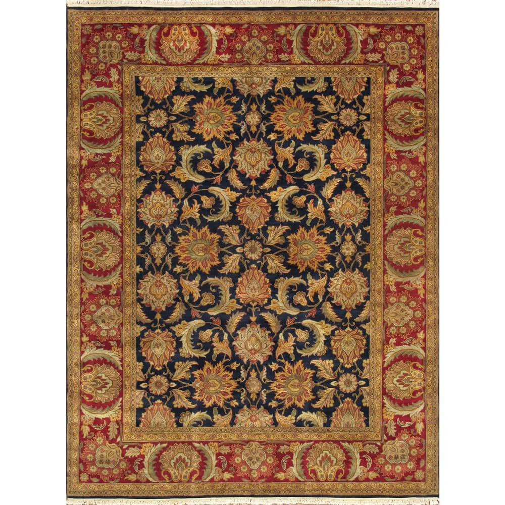 Pasargad Home Mogul Art Navy/Red 9 ft. x 12 ft. Floral Lamb's Wool Area Rug, Blue -  025681