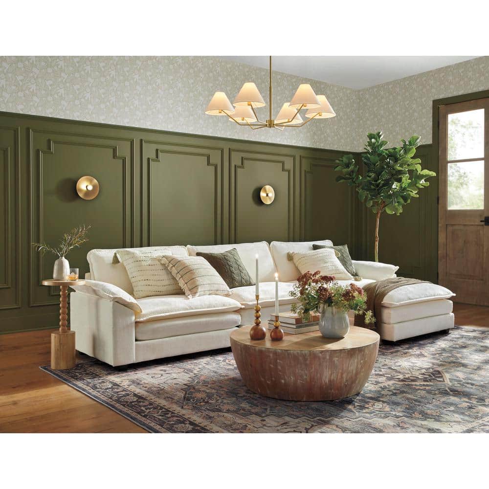 Elegant Mid-Century Satin Brass 6-Light Chandelier with White Linen Shade