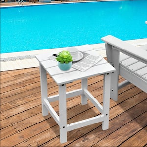 15 in. White Patio Square Wooden Slat End Side Coffee Table for Garden, Porch, Beach and Backyard