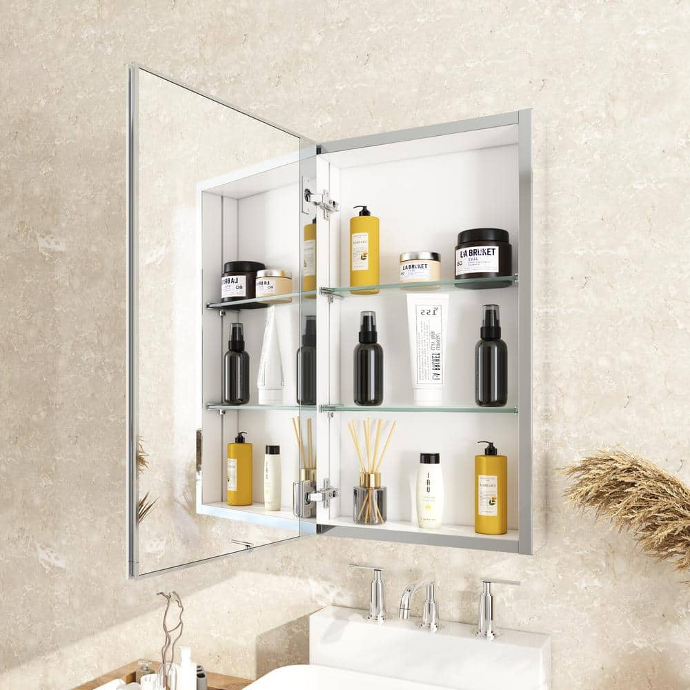 Basicwise 26 in. x 25 in. Surface Mount Medicine Cabinet Storage Organizer,  Mirrored Vanity Chest with Open Shelves QI003745 - The Home Depot