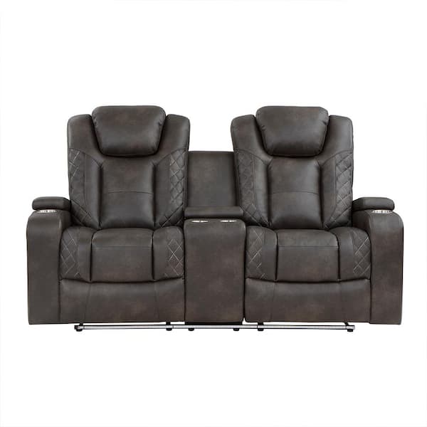 Lazzara Hazen 72 in. W Brownish Gray Faux Leather Power Double Reclining Loveseat with Center Console and Power Headrests