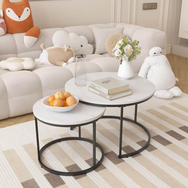 27.56 in. White Wood Nesting End Table, Round Coffee Table Set with Marble Pattern Top and Metal Frame for Living Room