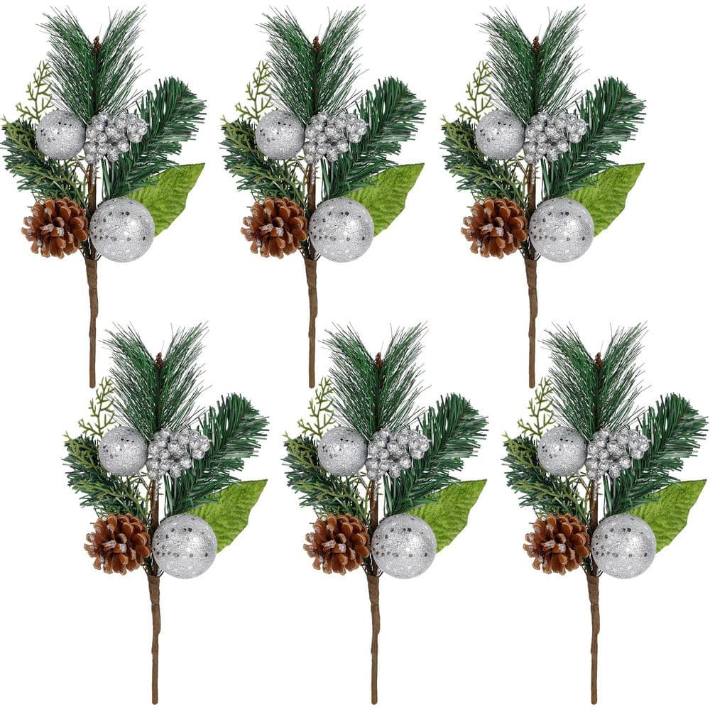12 in. Silvery Artificial Evergreen Foliage Berry Branches with Pine Cone and Poinsettia Leaf 6-Pack price history on PriceWatchPro