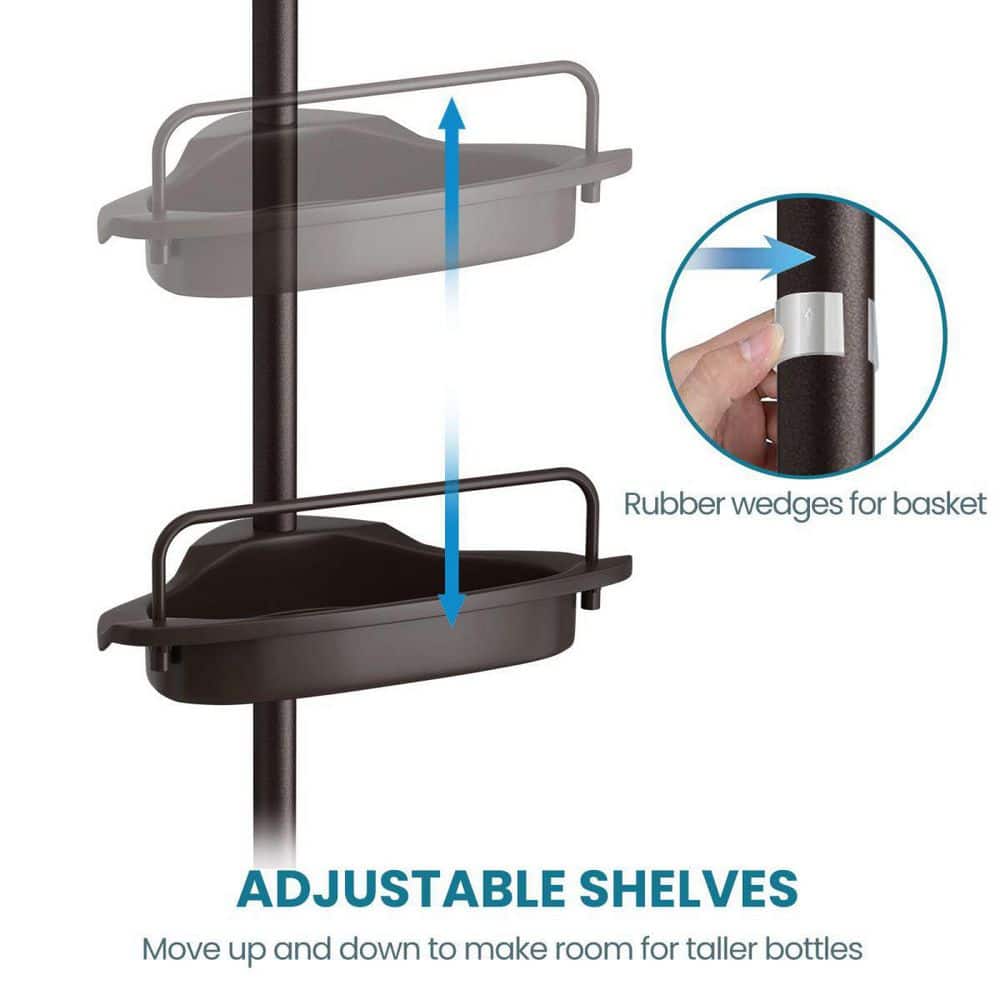Brown 4-Tier Adjustable Metal Shower Caddy with Tension Mount