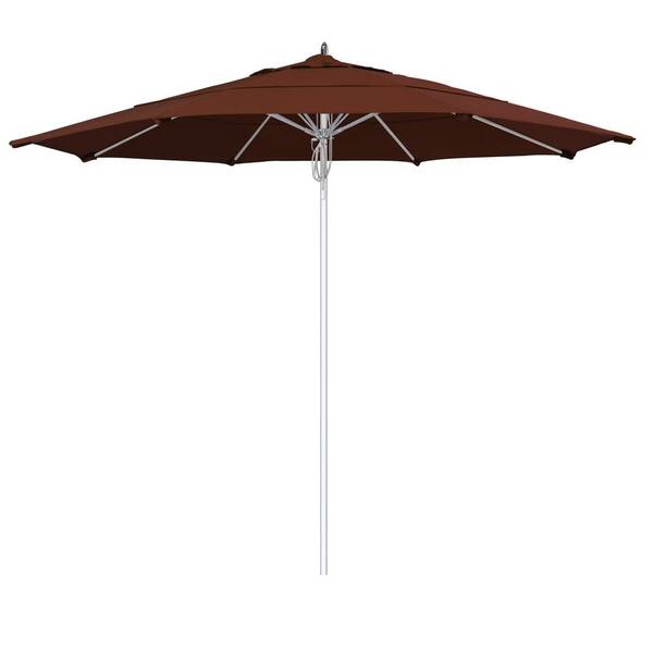 California Umbrella 11 ft. Silver Aluminum Commercial Market Patio Umbrella Fiberglass Ribs and Pulley lift in Bay Brown Sunbrella