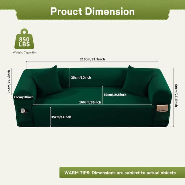 Seafuloy 82.5 in. Green Corduroy Round Arm Rectangle Floor Sofa, Frameless Couch, Foam and Pocket Spring Support, 3 Seater