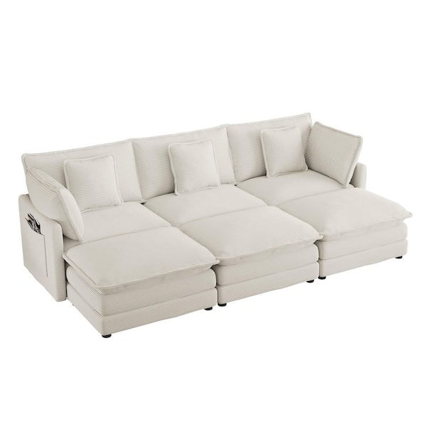 112.6 in. Corduroy Upholstered Modular Sectional Sofa in. Beige with Movable Ottomans