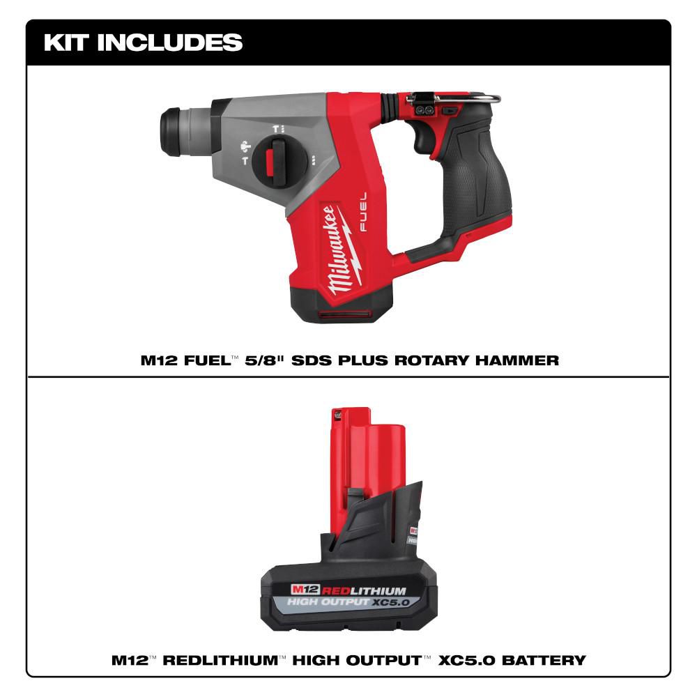 M12 FUEL 12V Lithium-Ion Brushless Cordless 5/8 in. SDS-Plus Rotary Hammer Drill with XC High Output 5.0 Ah Battery Pack