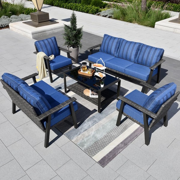 XIZZI Xavier Gray 5-Piece Wicker Outdoor Patio Conversation Seating Sofa Set and Loveseat with Blue Cushions